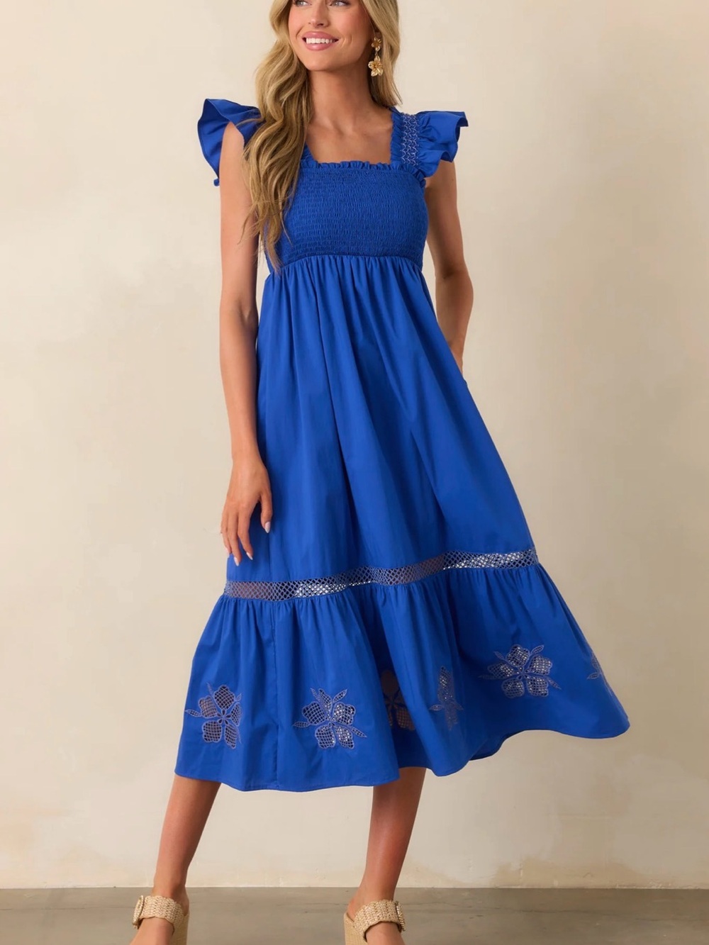 Skies Are Blue Cobalt Cotton Embroidered Eyelit Midi Dress